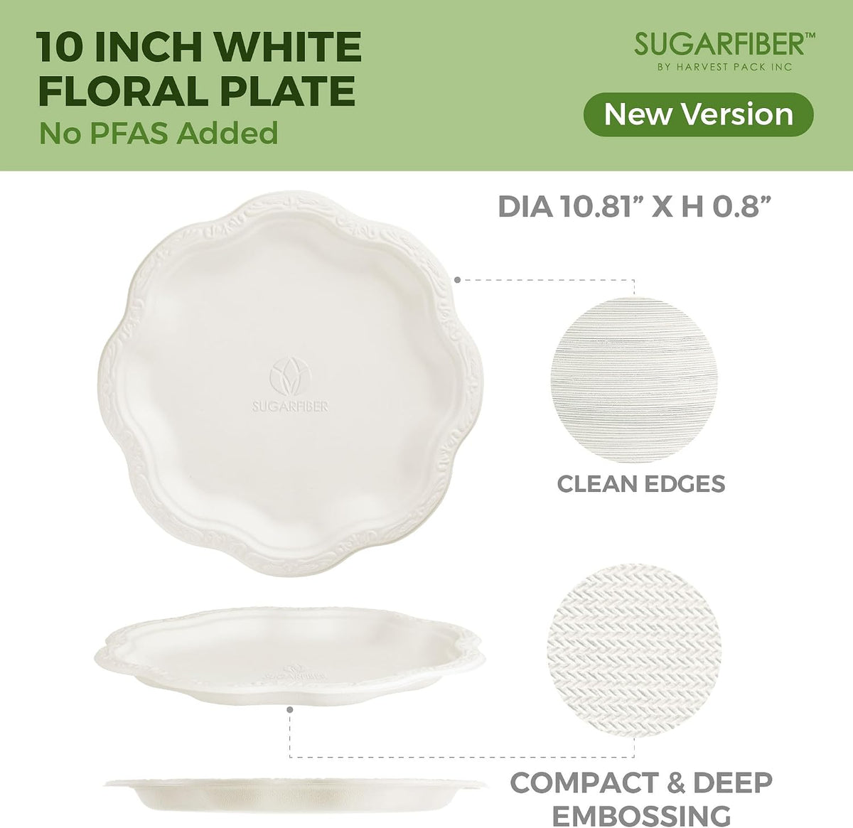 10 inch Elegant Compostable Paper Plates White Floral Acanthus Scalloped
