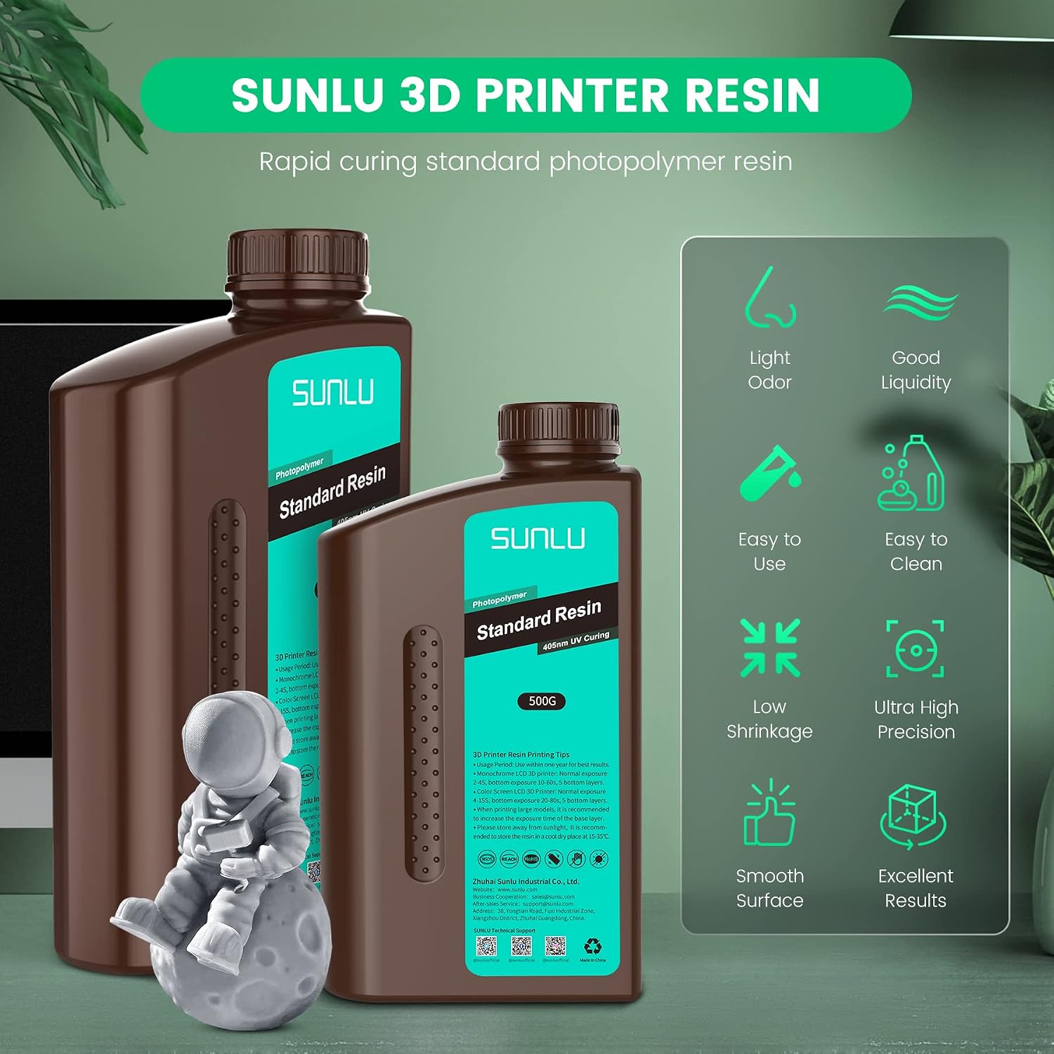 3D Printer Resin, 1kg Fast Curing Standard 3D Resin for LCD DLP SLA Printers, 395-405nm UV Light Curing Photopolymer