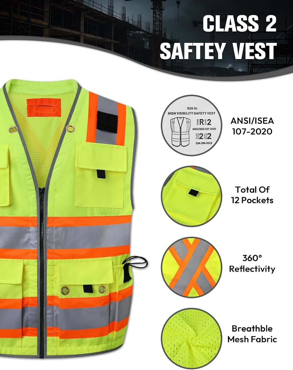 Safety Vest, Construction Surveyor Vest for Men Women, Hi Vis | Class 2 High Visibility Vests with Pockets, ANSI/ISEA