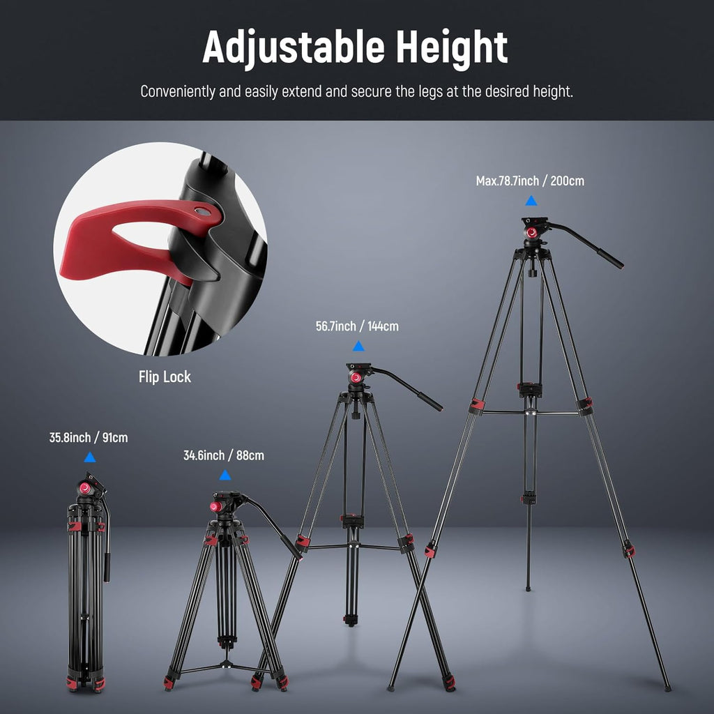 79"/200cm Video Tripod, Heavy Duty Aluminum Alloy Camera Tripod Stand with 360° Fluid Drag Head, QR Plate Compatible