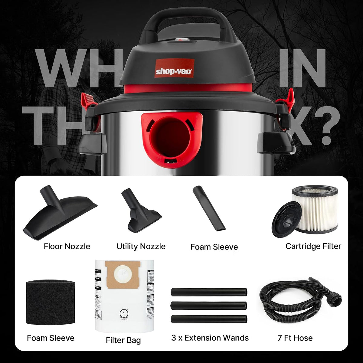 5989305 5 Gallon 4.5 Peak HP Wet/Dry Vacuum with Blower Function | Stainless Steel Tank, 1.25" x 7ft Hose, 6ft Cord