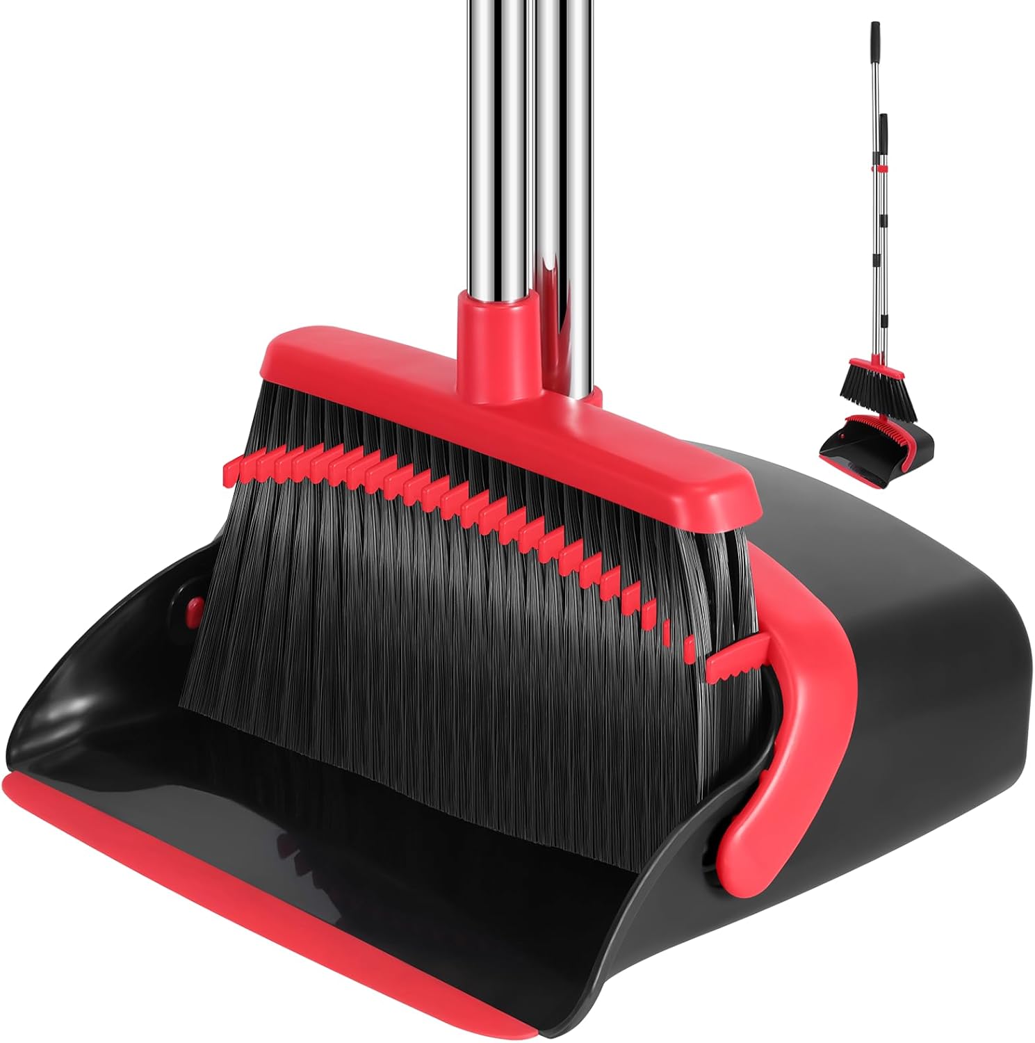 Broom and Dustpan Set, 52-in Long Adjustable Handle Broom Dustpan Combo with Dustpan Teeth to Automatically Clean