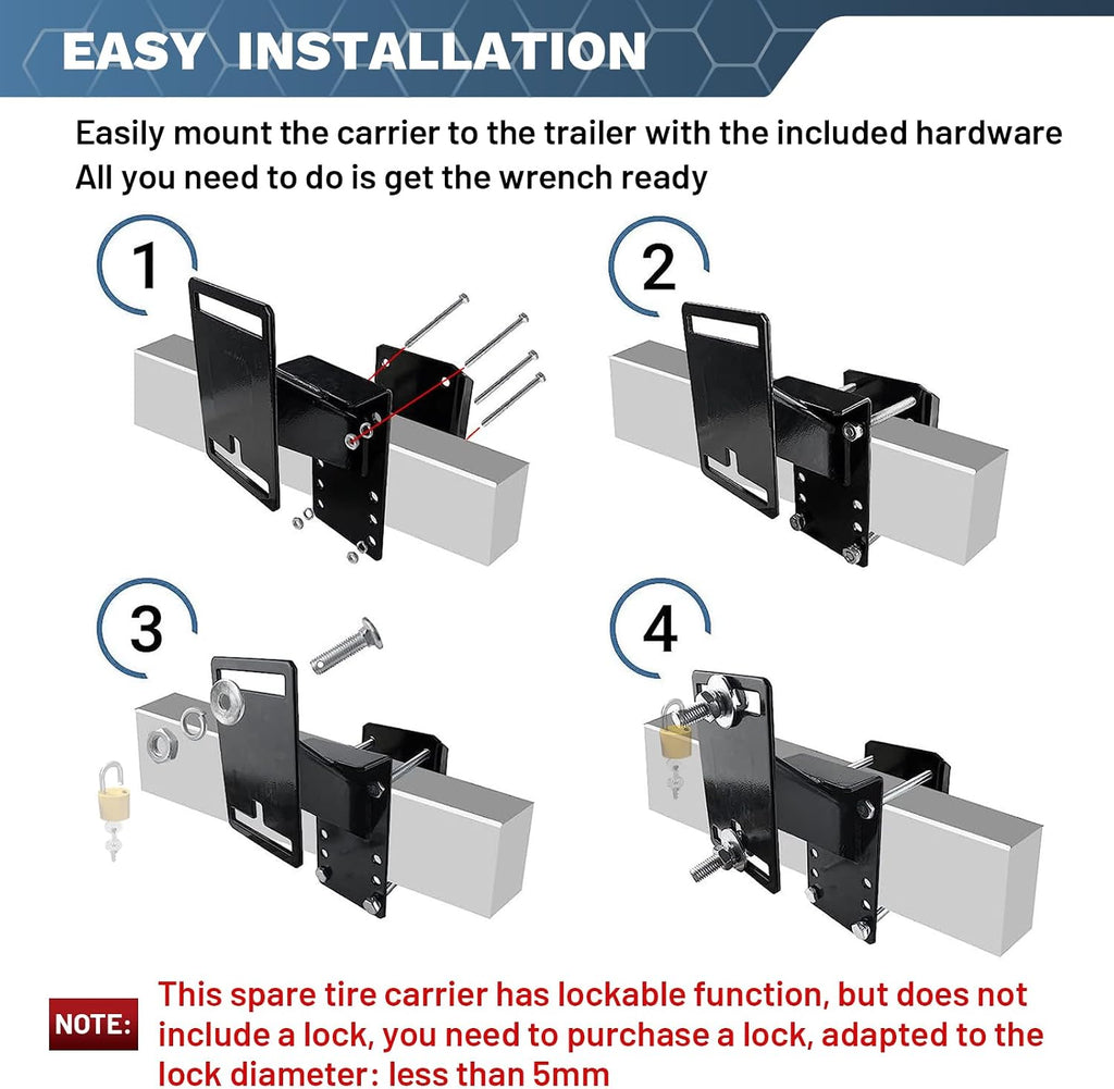 Lockable Spare Tire Carrier Bracket for Utility Trailer, Powder Coat Steel Boat Trailer Tire Mount Fits Most Lugs