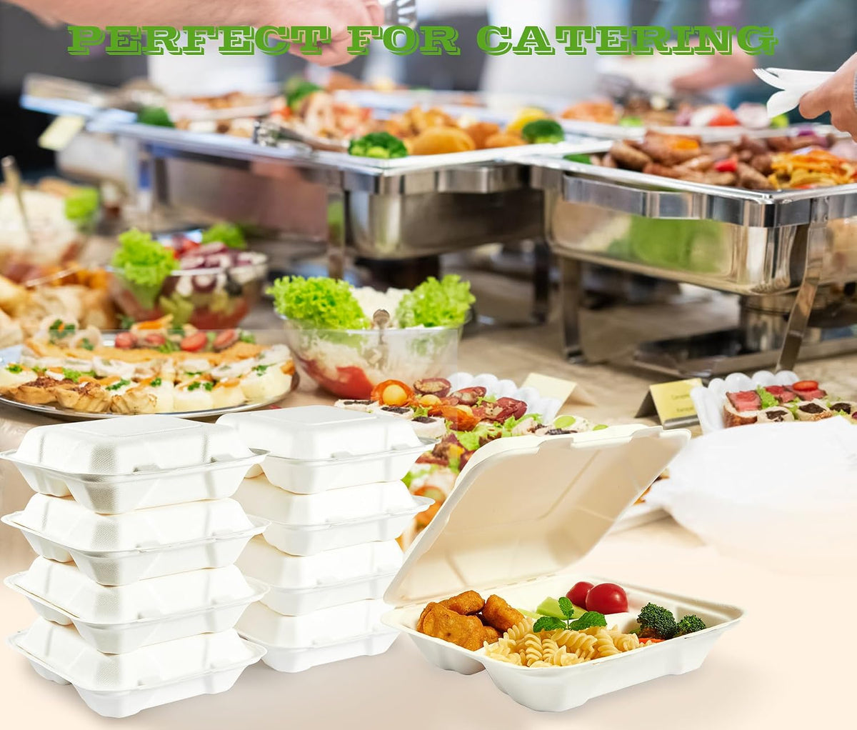 300 Pack Compostable Takeout Food Containers, 8x8 inch, 3 Compartment