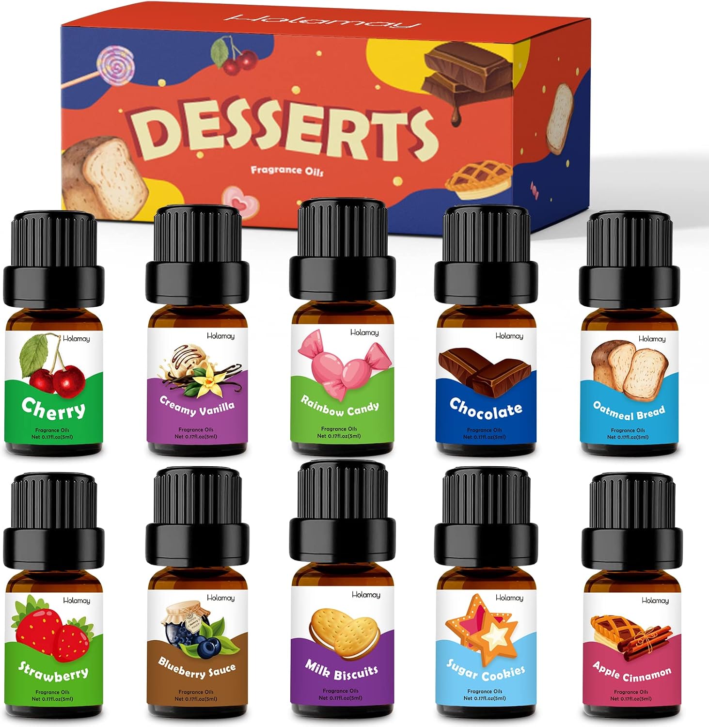 Fragrance Oils, Holamay Dessert Scented Essential Oils for Soap Candle Making, 10x5ml - Creamy Vanilla, Apple