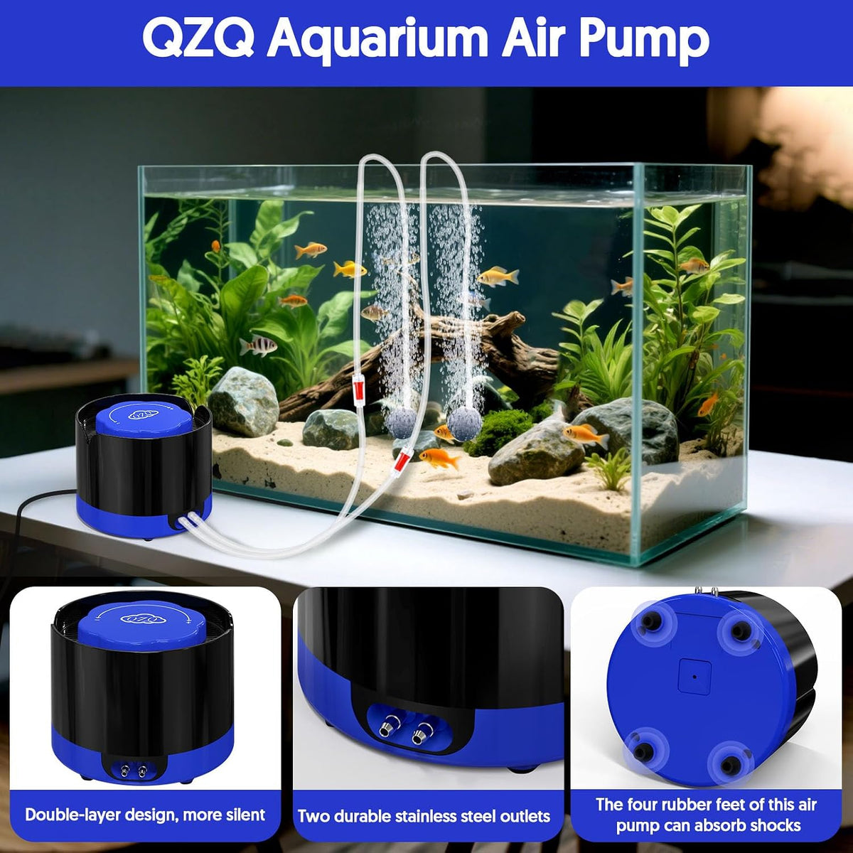 Aquarium Air Pump, Quiet Fish Tank Air Pump with Dual Outlets, 3W/5W Powerful Adjustable Oxygen Pump with
