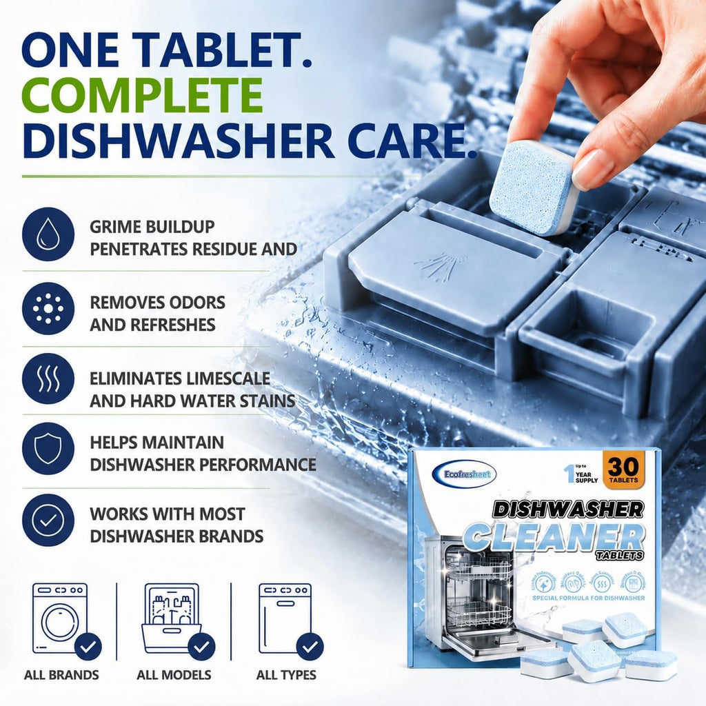 Dishwasher Cleaner Tablets 30 Pack, Removes Limescale, Grease & Odor, Restores Performance