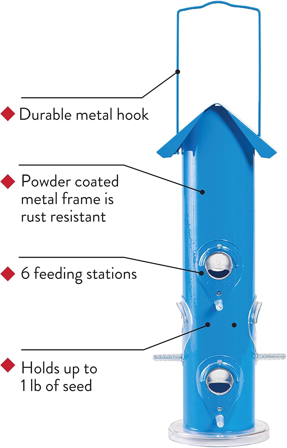 Blue Metal Tube Wild Bird Feeder - 1 lb Capacity for Wild Bird Seed - Durable Construction - 391