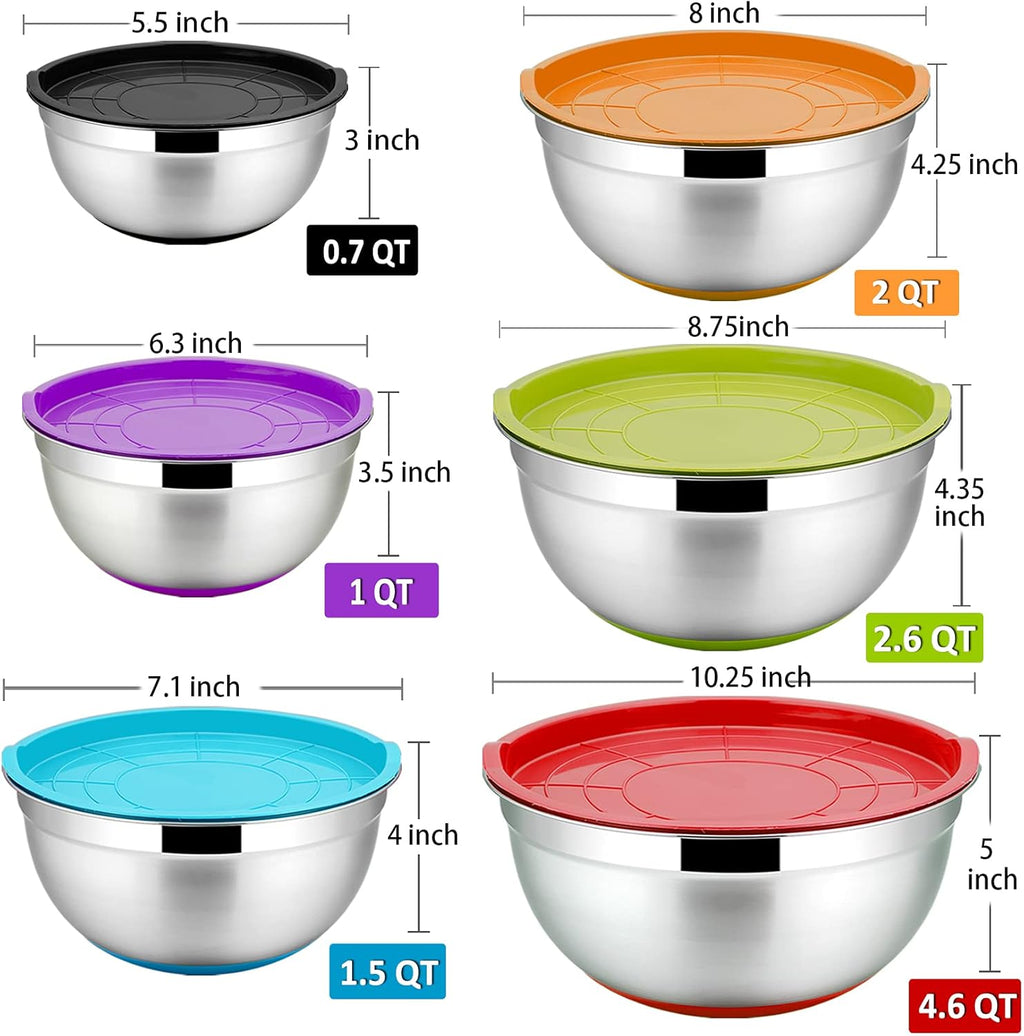 Mixing Bowls With Lids, Set of 6, Stainless Steel Nesting Mixing Bowls & Fitting Lids & Non-Slip Silicone Bottom