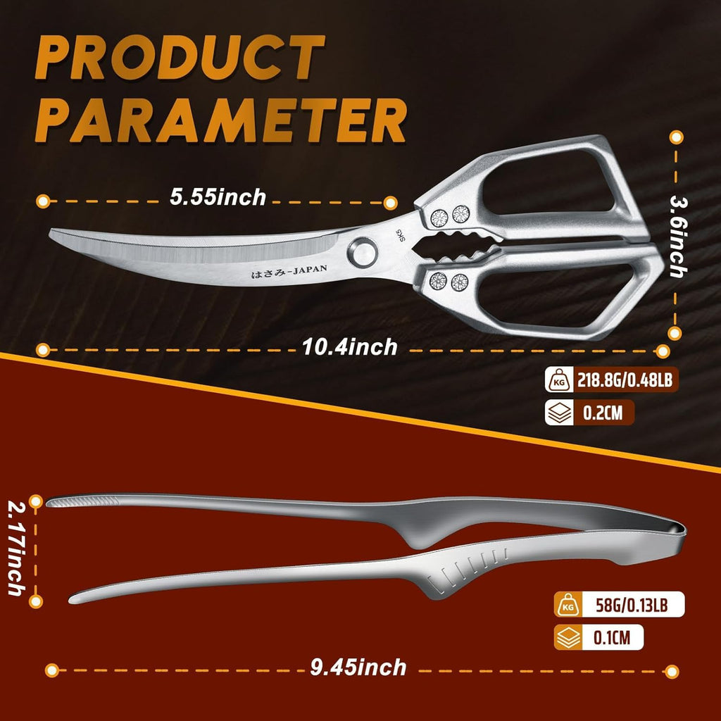 Kitchen Scissors and Cooking Tong Set - Silver Kitchen Shears for Food with Stainless Steel BBQ Tongs, Japanese Style