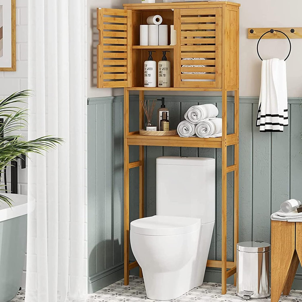 Over The Toilet Storage Cabinet, Tall Bathroom Cabinet Organizer with Cupboard and Adjustable Shelves, Freestanding