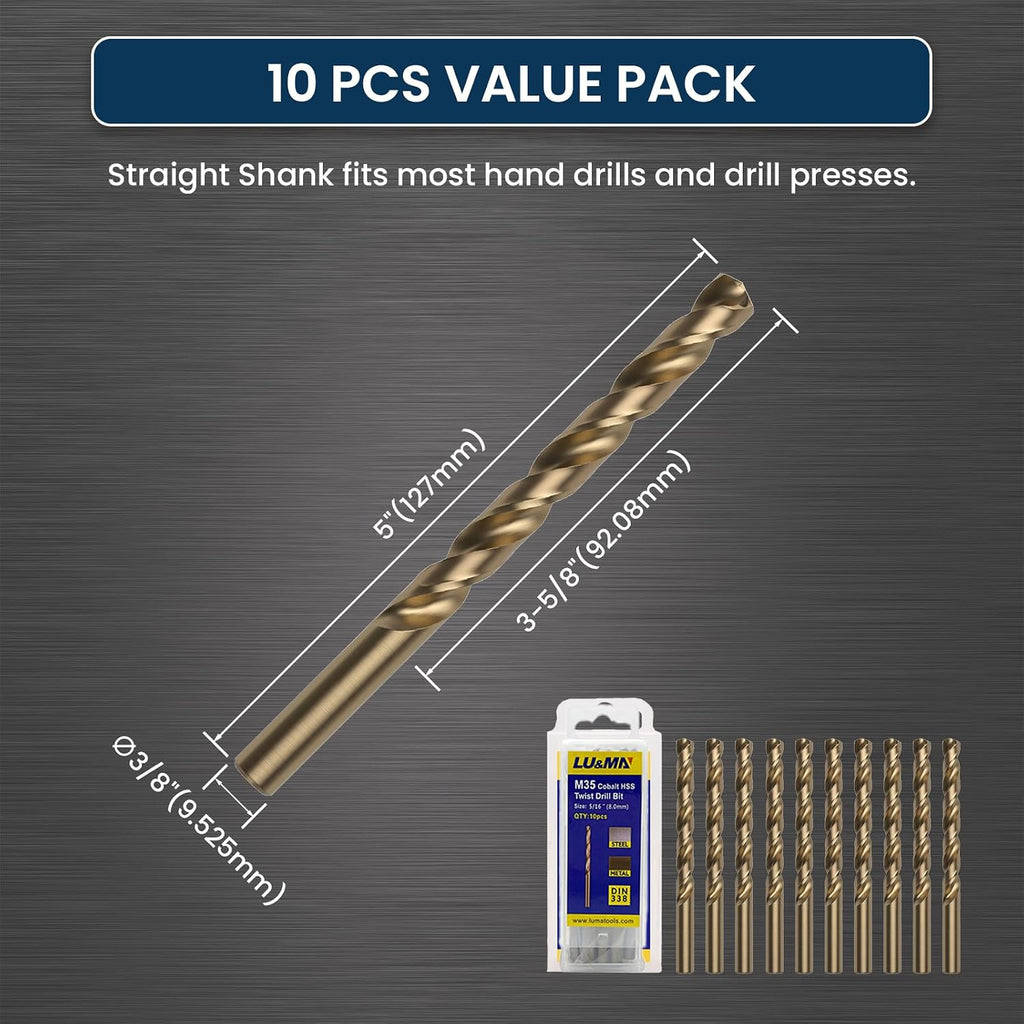 LU&MN M35 Jobber Drill Bits, 3/8", 10 Pcs