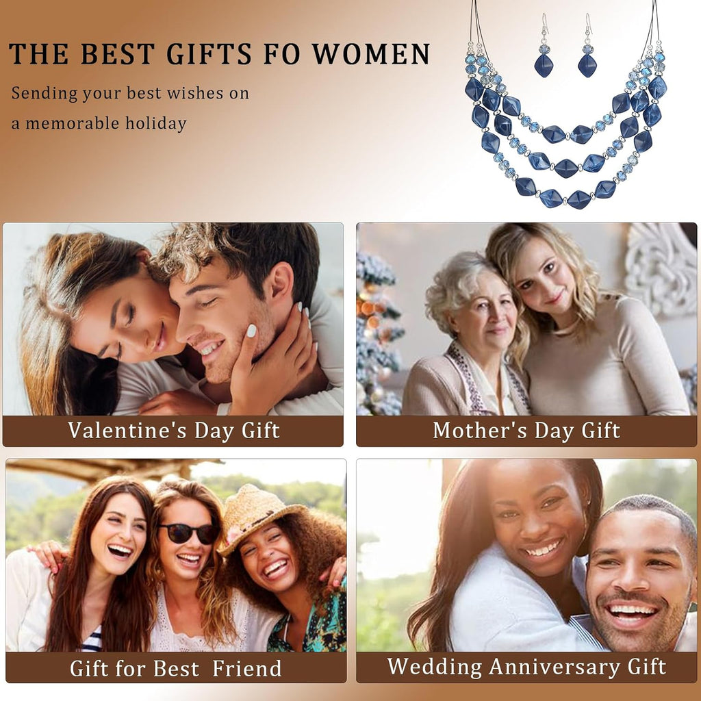 3 Layered Chunky Statement Necklace for Women Beaded Strand Necklaces with Earring Fashion Costumes Collar Necklace