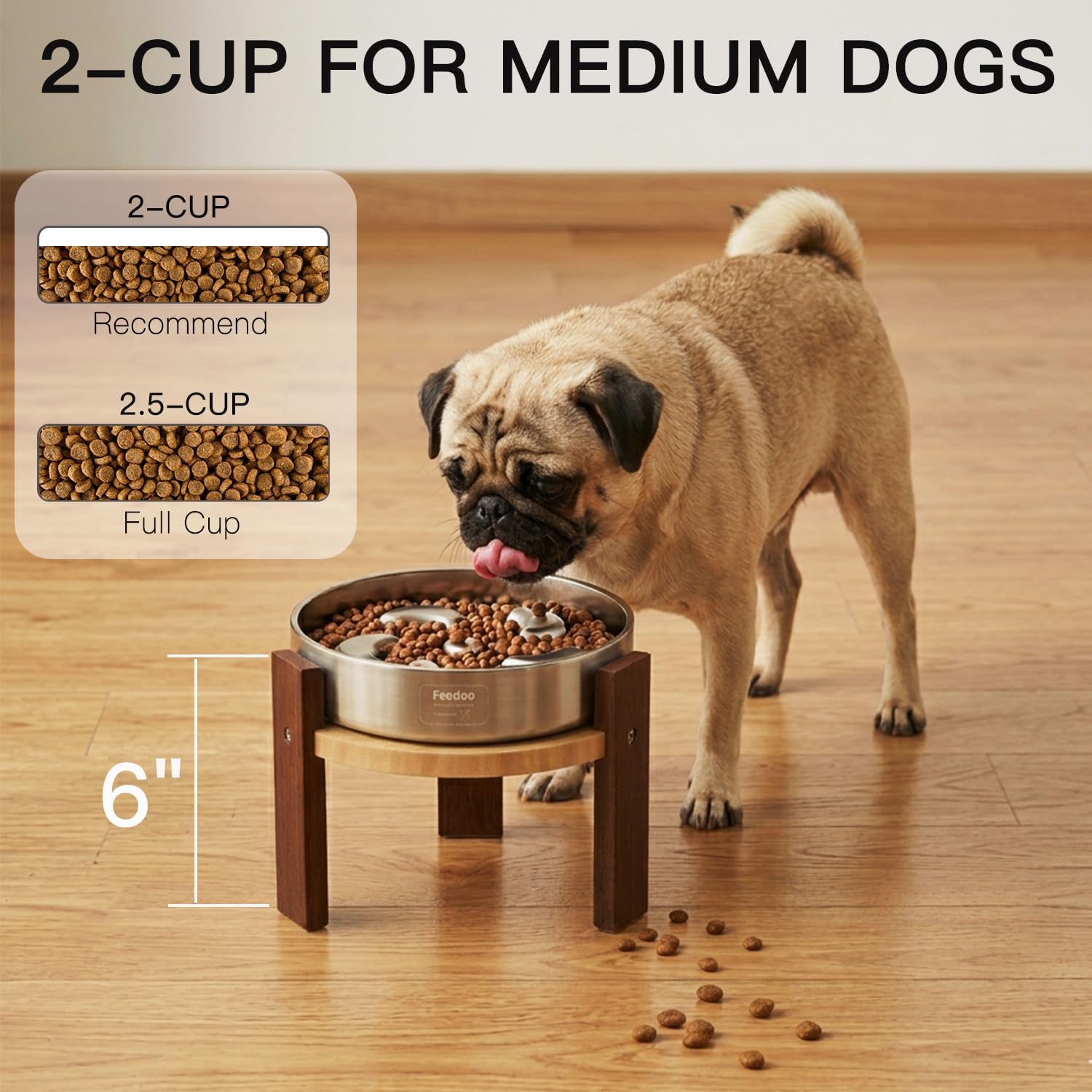 Elevated Dog Bowl Stand, 6'' Height Raised Stand for Medium Dogs, Includes 2Cups Stainless Steel Slow Feeder Dog