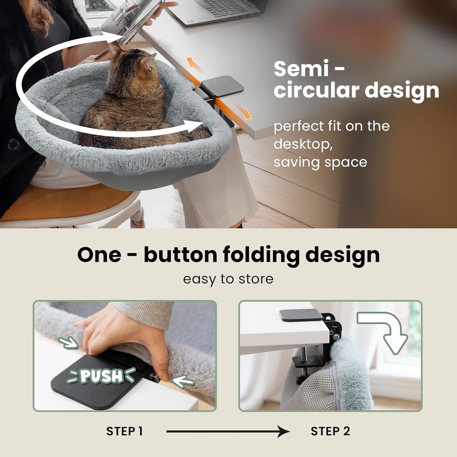 Cat Desk Bed - One-Click Folding,Sunken Design & Space-Saving Semi-Circular Cat Bed, Soft Faux Rabbit Fur Material