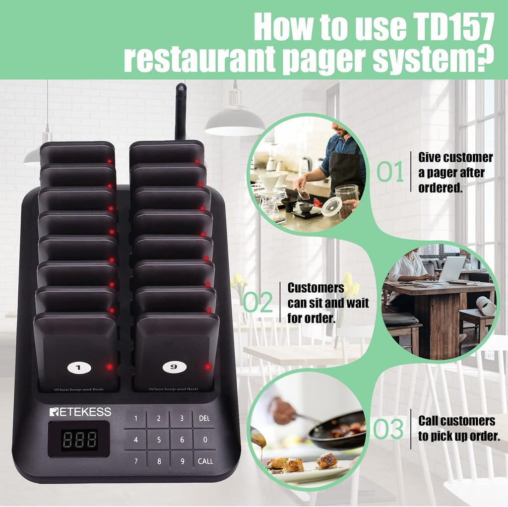 TD157 Restaurant Pager System, Pagers for Restaurants,16 Buzzers