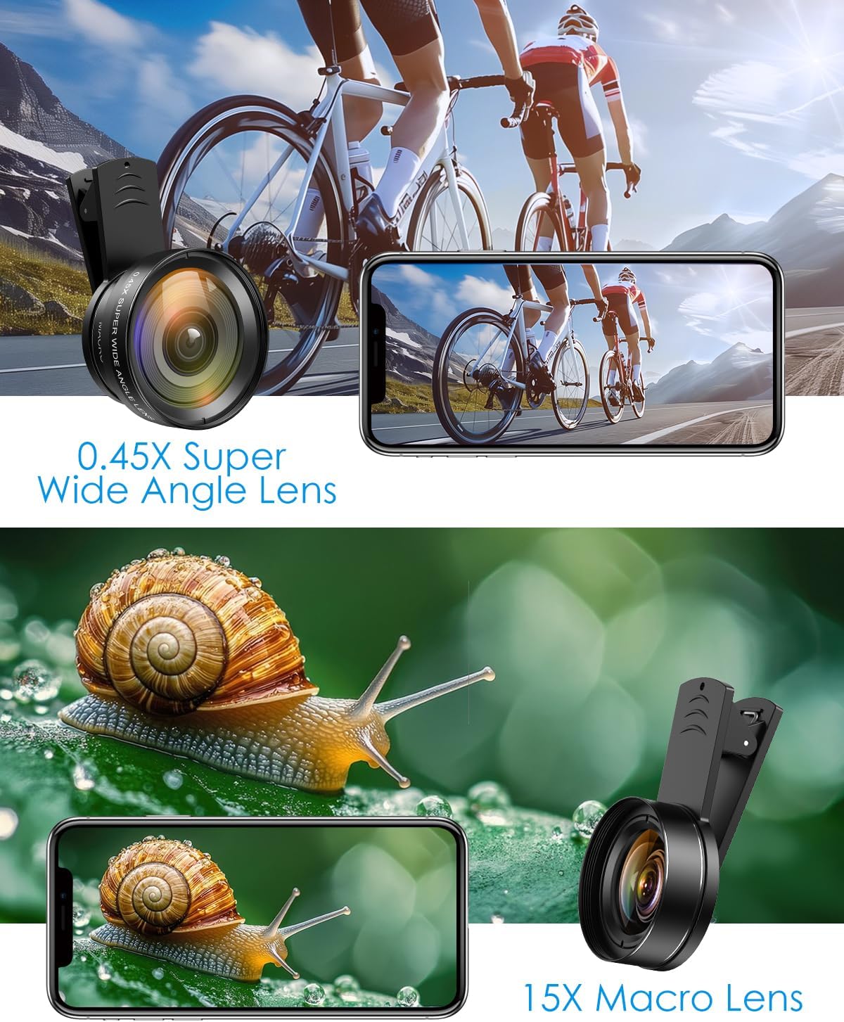 Phone Camera Lens Kit, 0.45X Wide Angle + 15X Macro Lens | 2 in 1 Lens Attachment for iPhone 17/16/15/14/13, Phone