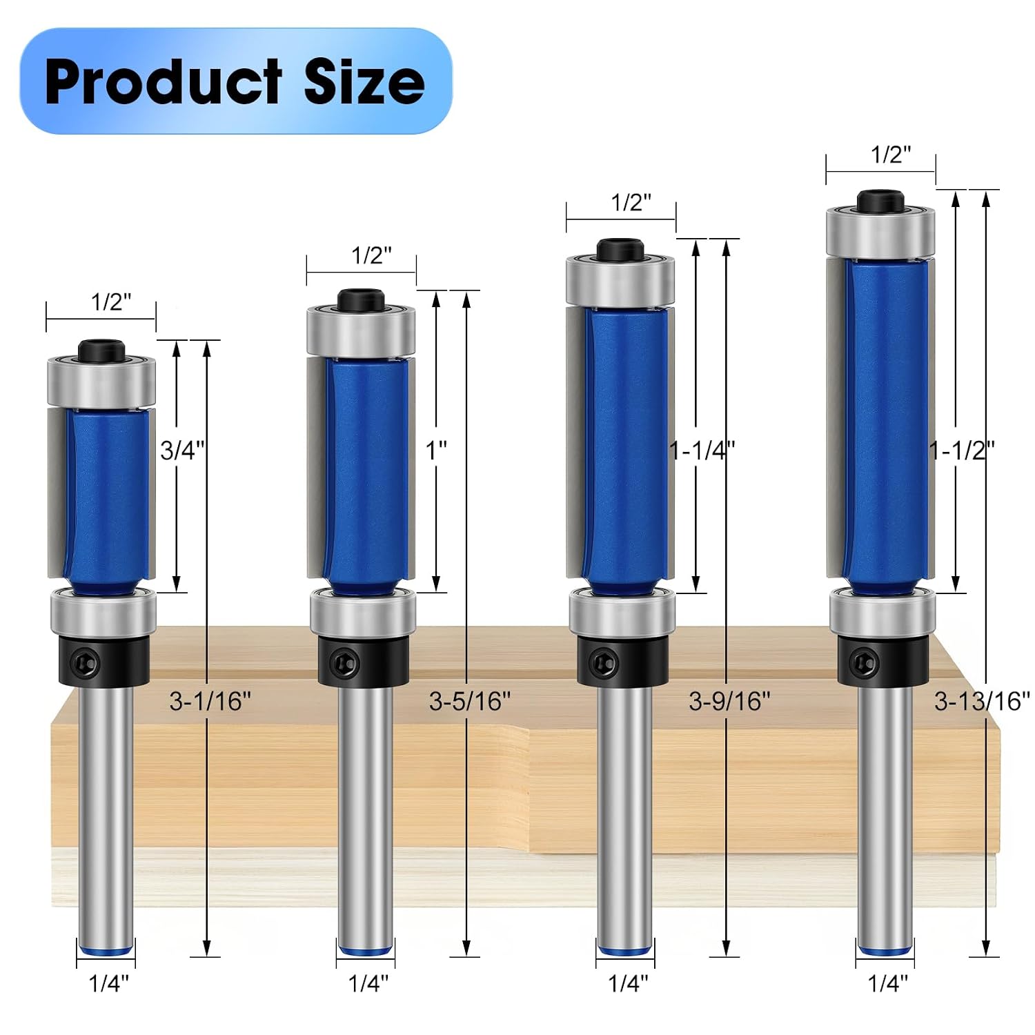 4 Pcs Flush Trim Router Bits 1/4 Inch Shank Top and Bottom Bearing, Carbide Straight Cut Router Bit Set for Trimming