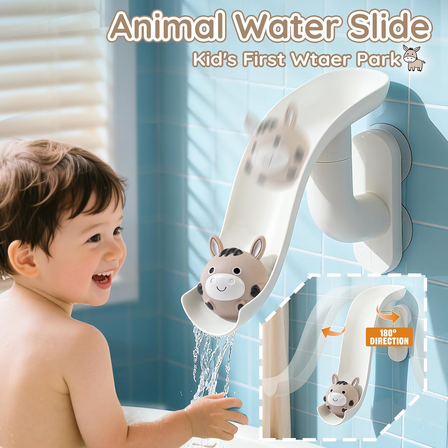 No-Hole Farm Animal Bath Toys for Kids Ages 1-3, Water Slide Toys | Bath Basketball Hoop, Fishing Net, Storage Bag
