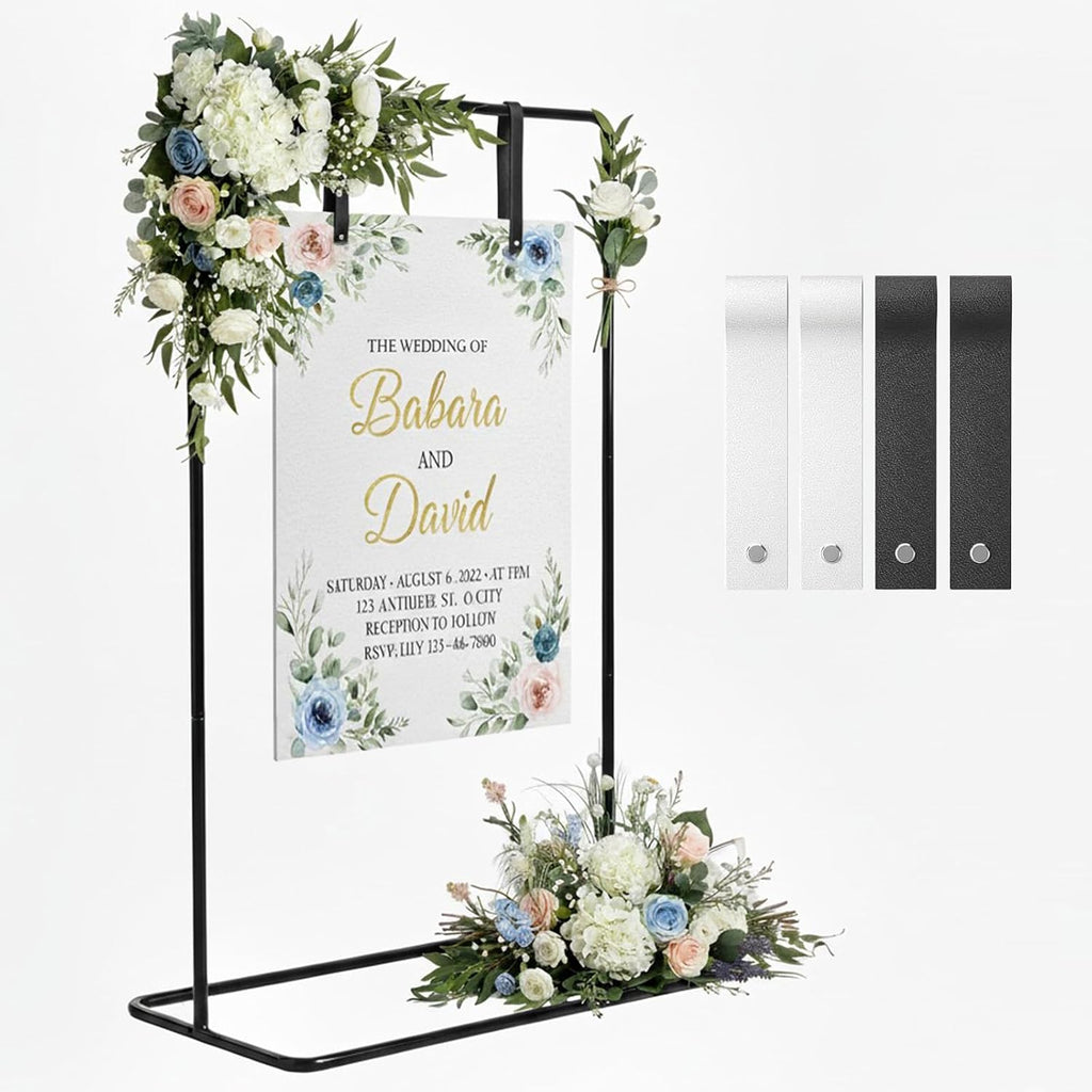 Wedding Welcome Sign Stand, Black Easel | Leather Sign Hanging Straps, Linen Sign Stand