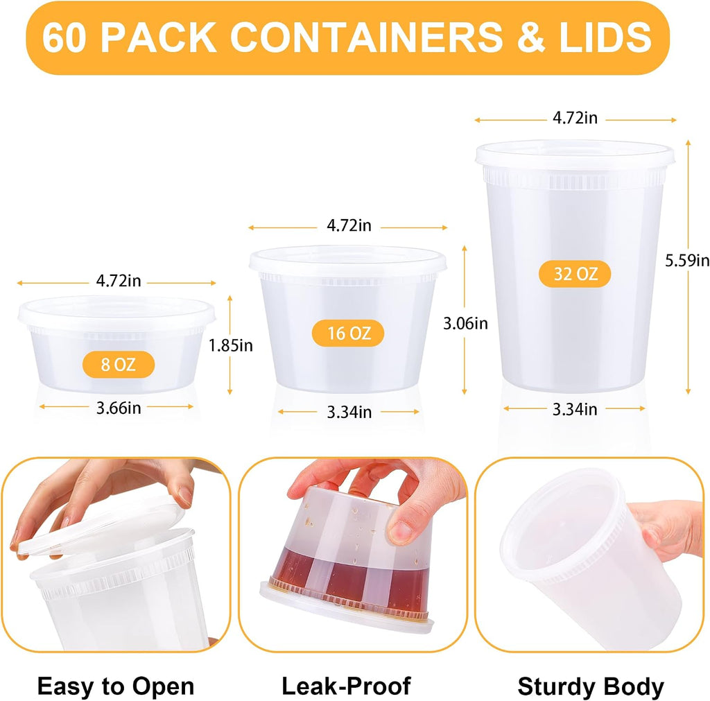 60 Sets Deli Containers with Lids - 32/16/8 oz, 20 of Each Size