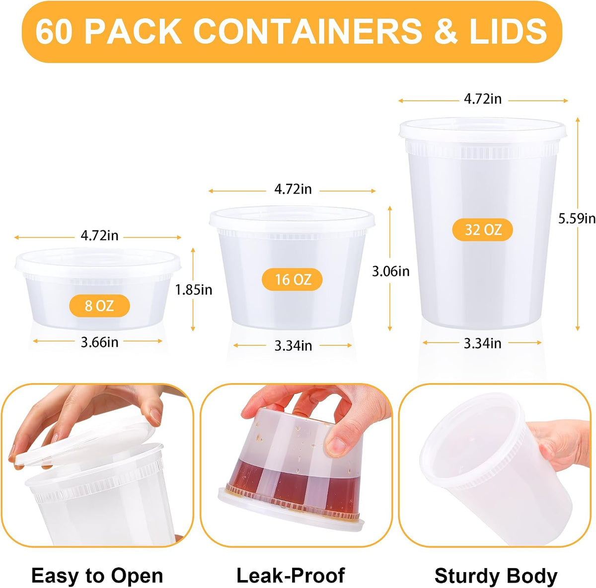 60 Sets Deli Containers with Lids - 32/16/8 oz, 20 of Each Size