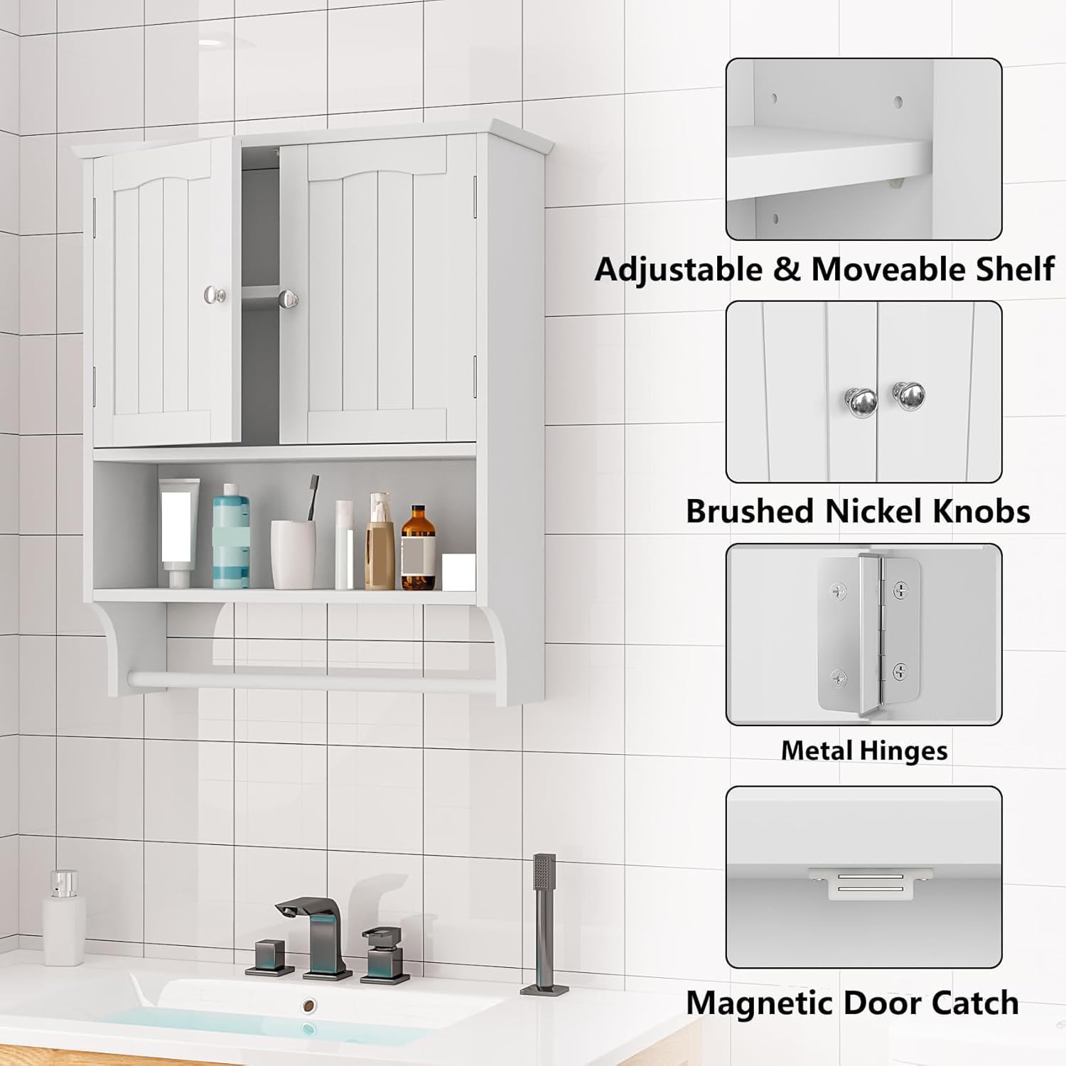 Bathroom Wall Cabinet, Bathroom Cabinet Wall Mount with 2 Doors and Open Shelf, Over The Toilet Wall Storage Cabinet