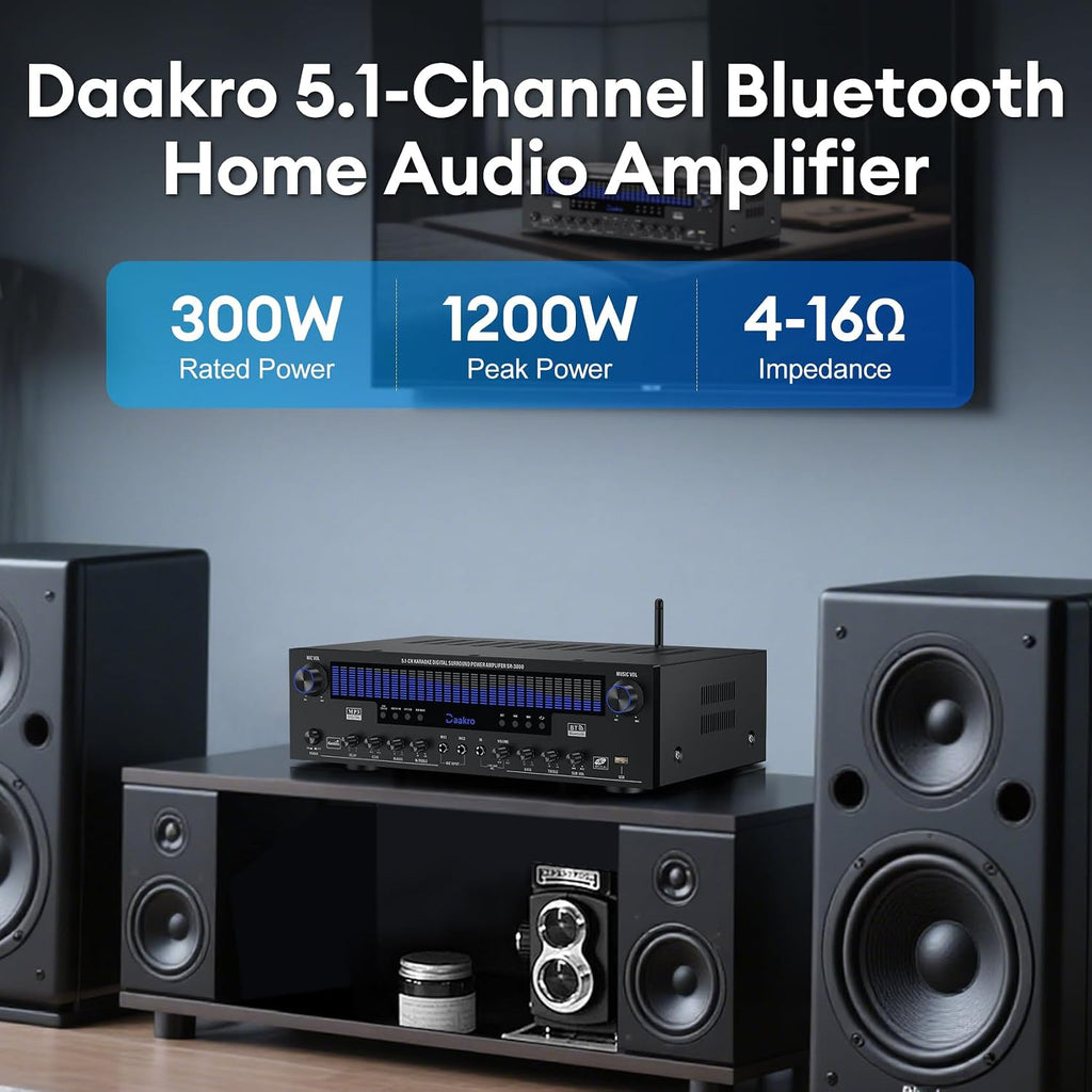 Stereo Receivers Home Audio Amplifier w/DSP Display,300W Rated Power 5.1 Channel Bluetooth Receiver,Home Amp