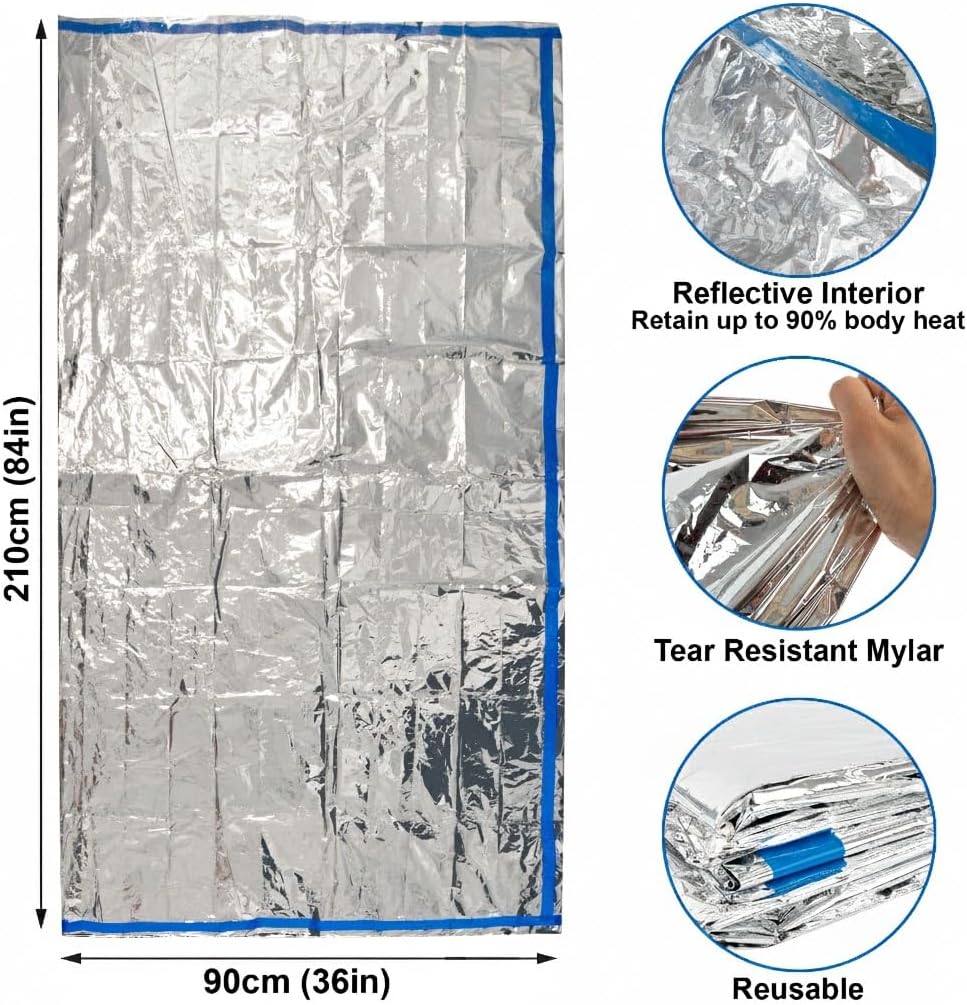 Mylar Emergency Thermal Blanket Sleeping Bag for Survival (2 Pack), Thick Reusable Mylar Space Blankets Bulk 84"L x