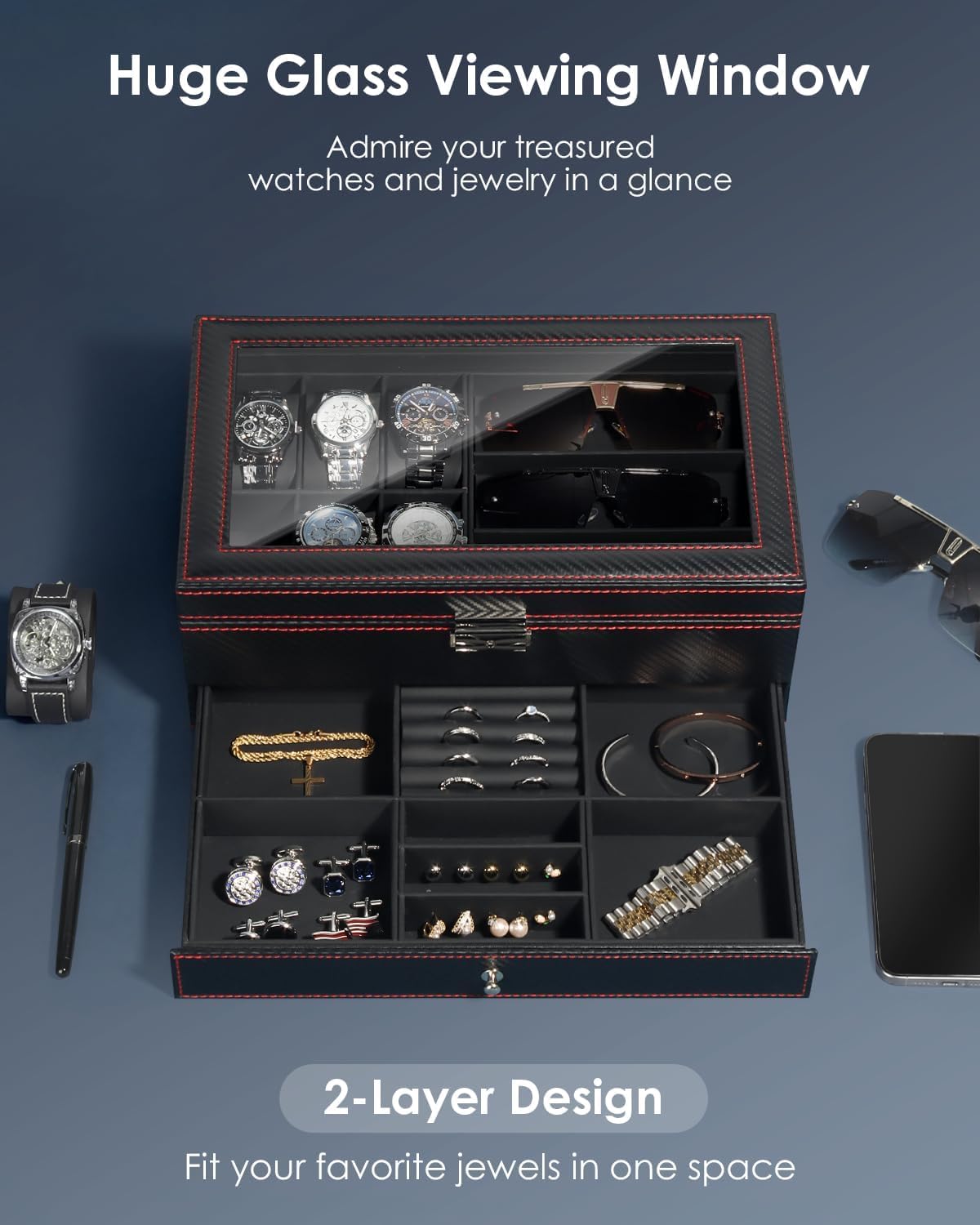 Watch Jewelry Box Organizer, 6-Slot 2-Layer Watch Case and Sunglasses Storage with Large Glass Lid, Men's Jewelry Box