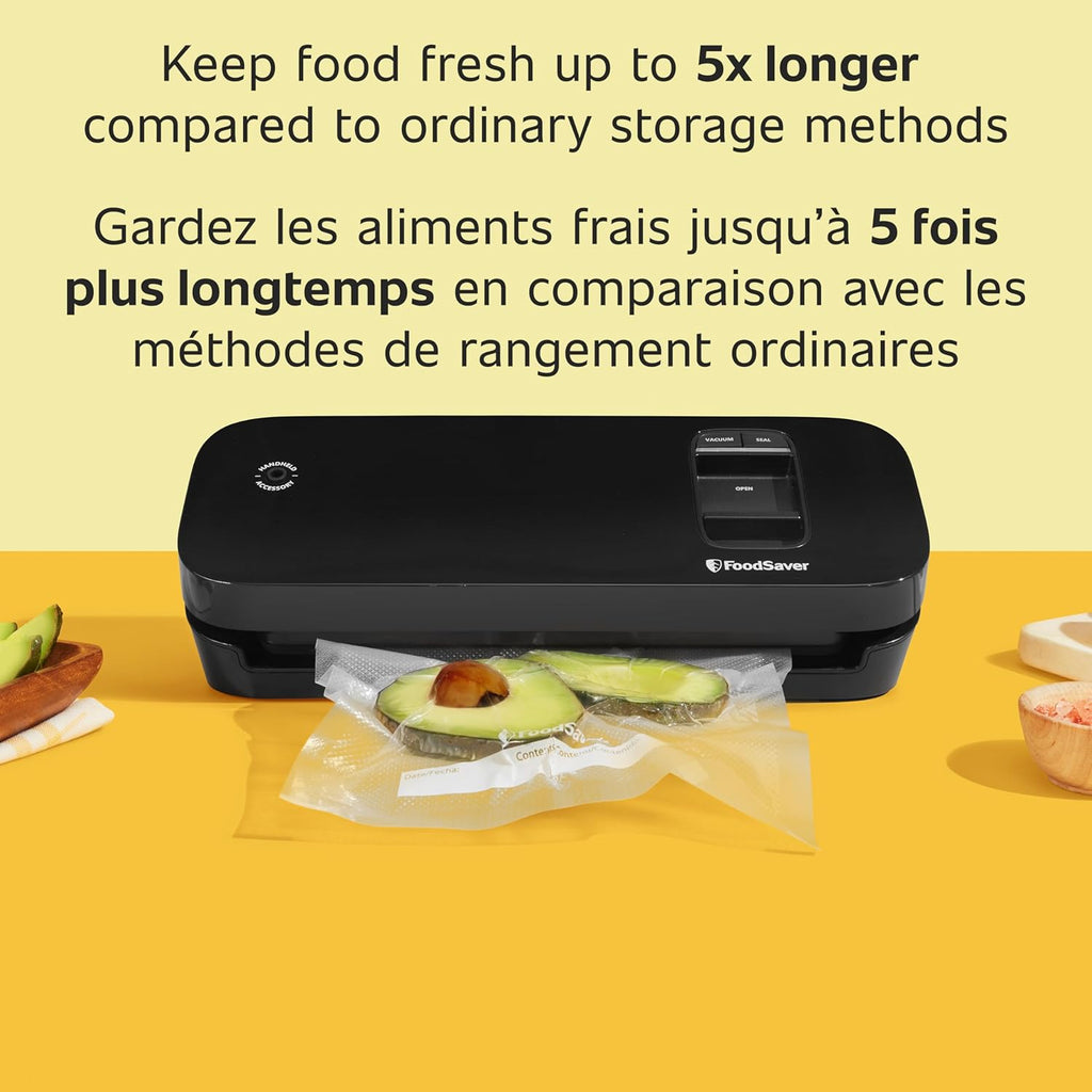 Space Saving Food Vacuum Sealer, Black with 2 Quart Vacuum Seal Bags, Pack of 1, Compact (Black)
