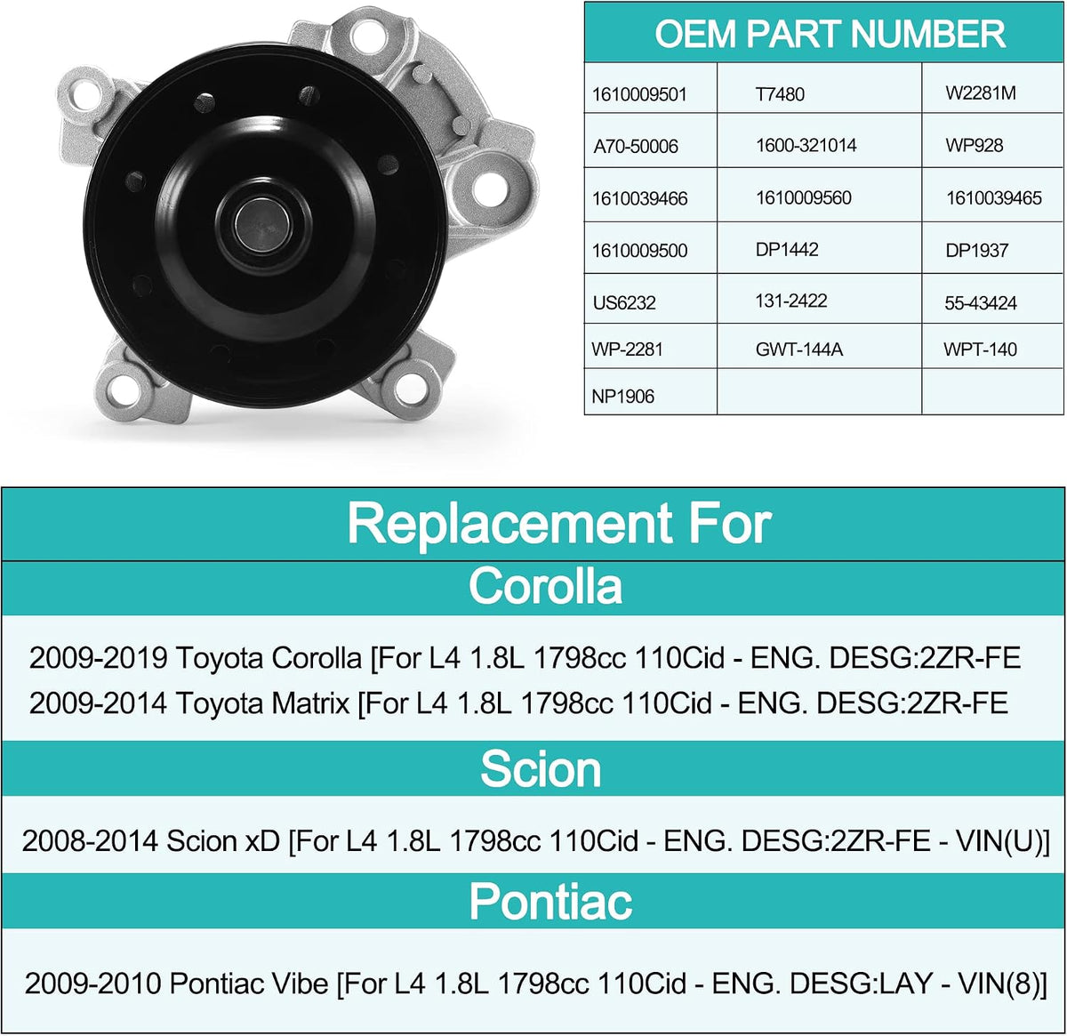 AULINK 1610039466 Water Pump (2ZR-FE 1.8L) For Toyota Corolla 2009-2019
