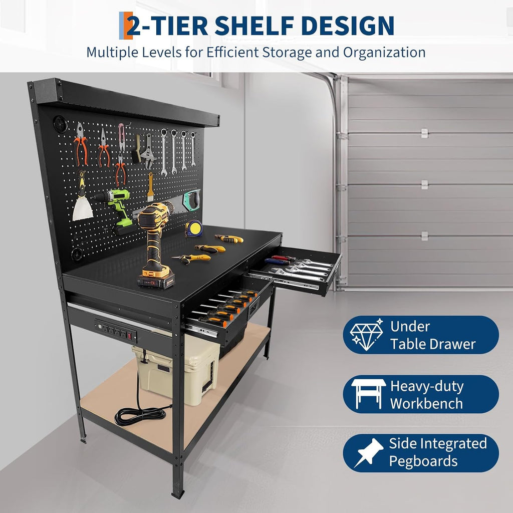 48" 2-Tier Garage Workbench, Heavy-Duty Cold-Rolled Steel Work Table with Back Panel, Lower Storage Shelf, Black Tool