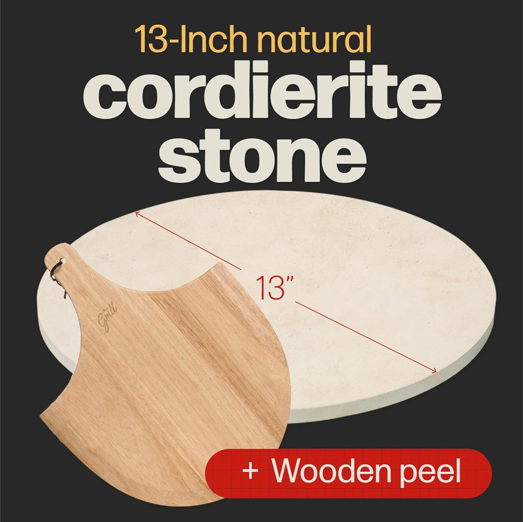 Circular Pizza Stone, 15 Inch Cordierite Stone with Wooden Peel