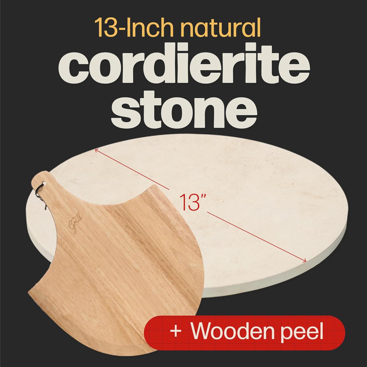 Circular Pizza Stone, 15 Inch Cordierite Stone with Wooden Peel