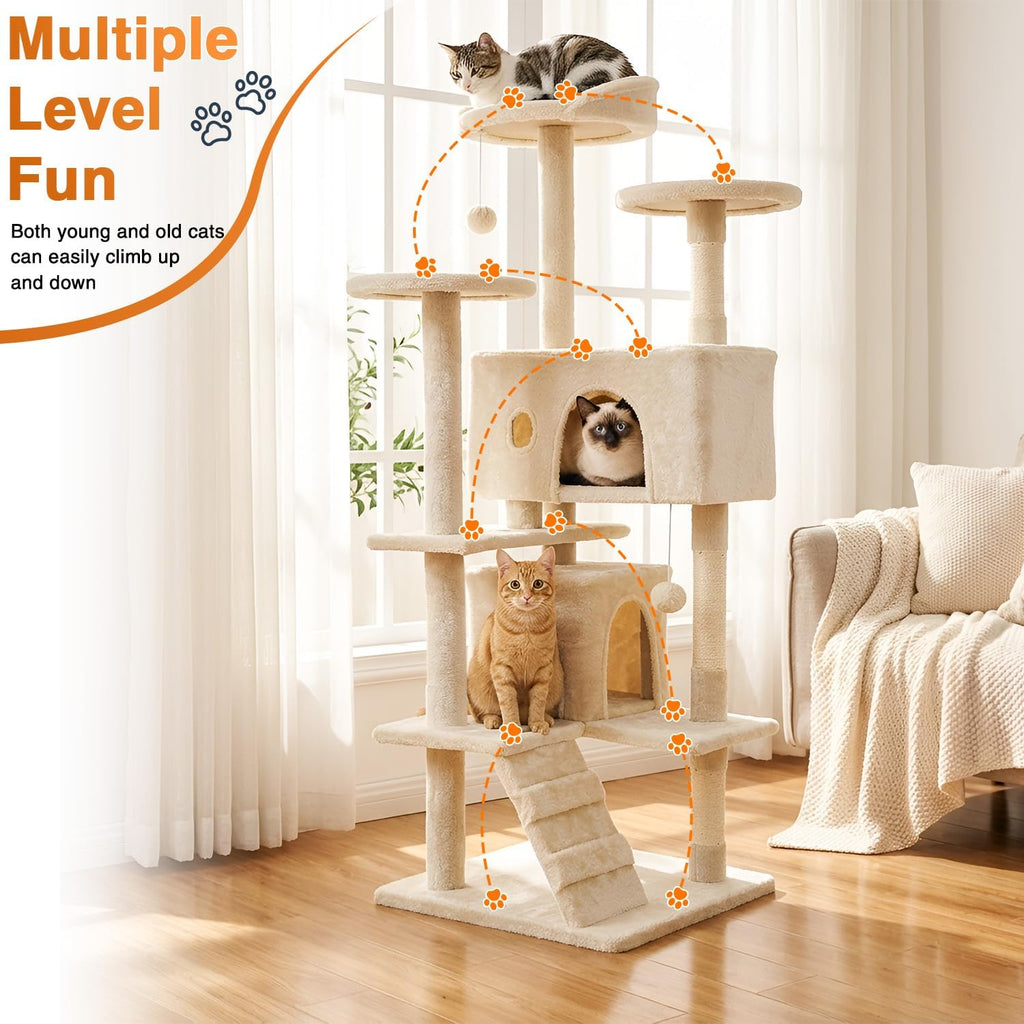 54" Cat Tree Tower | Beige | Multi-Level Indoor Activity Center with Sisal Scratching Posts, Condos, Plush Perches