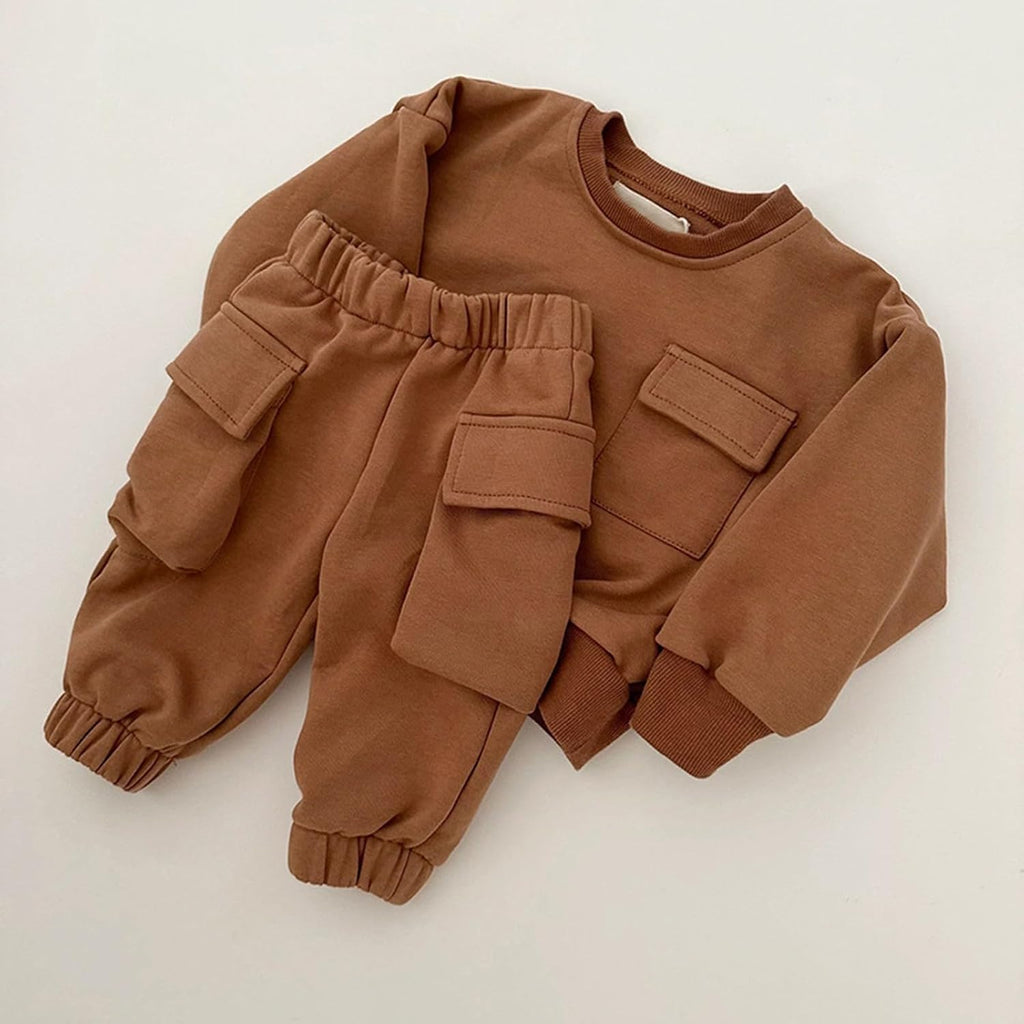 Toddler Cotton Thick Cargo Tops Pants Sets 2pc Plain Joggers Pullover Clothes Sweatpants Outfits Baby Boys Warm Comfy