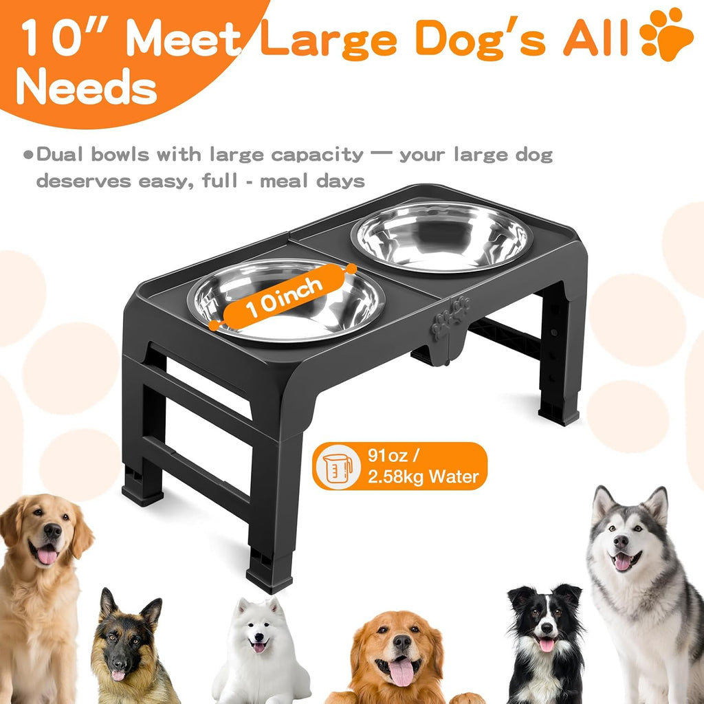 Elevated Dog Bowls for Large Dogs 5 Adjustable Heights 7.5"-15.4", 2 X-Large 10” Stainless Steel Bowls, Heavy Duty
