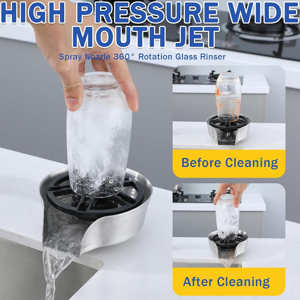 Glass Rinser and Cup Washer for Sink, 360° Rotating Spray Nozzle with Pull-Out Design, Bottle Cleaner - Tilted Base