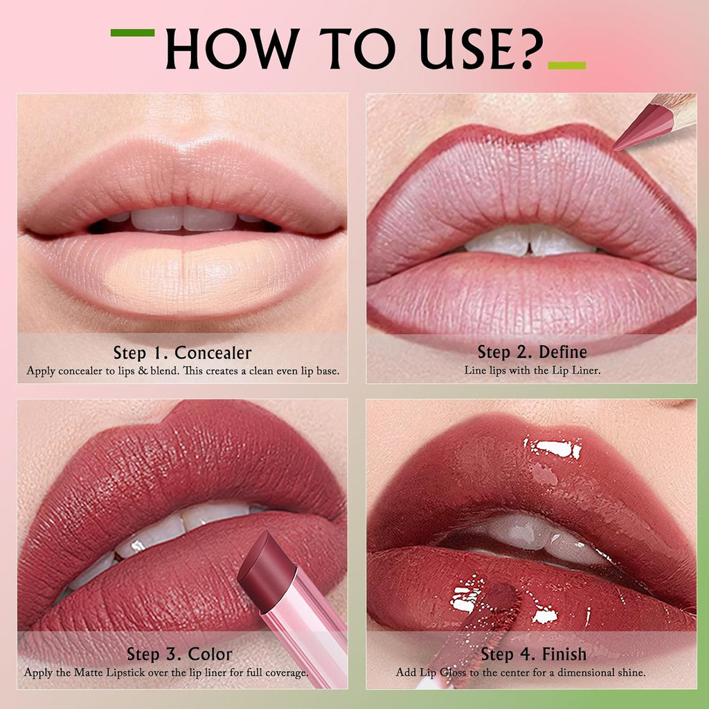 Nude Pink Lip Kit - Matte Lipstick Cream Lip Liner and Gloss Set High Pigment Plumping Lip Pencil Moisturizing