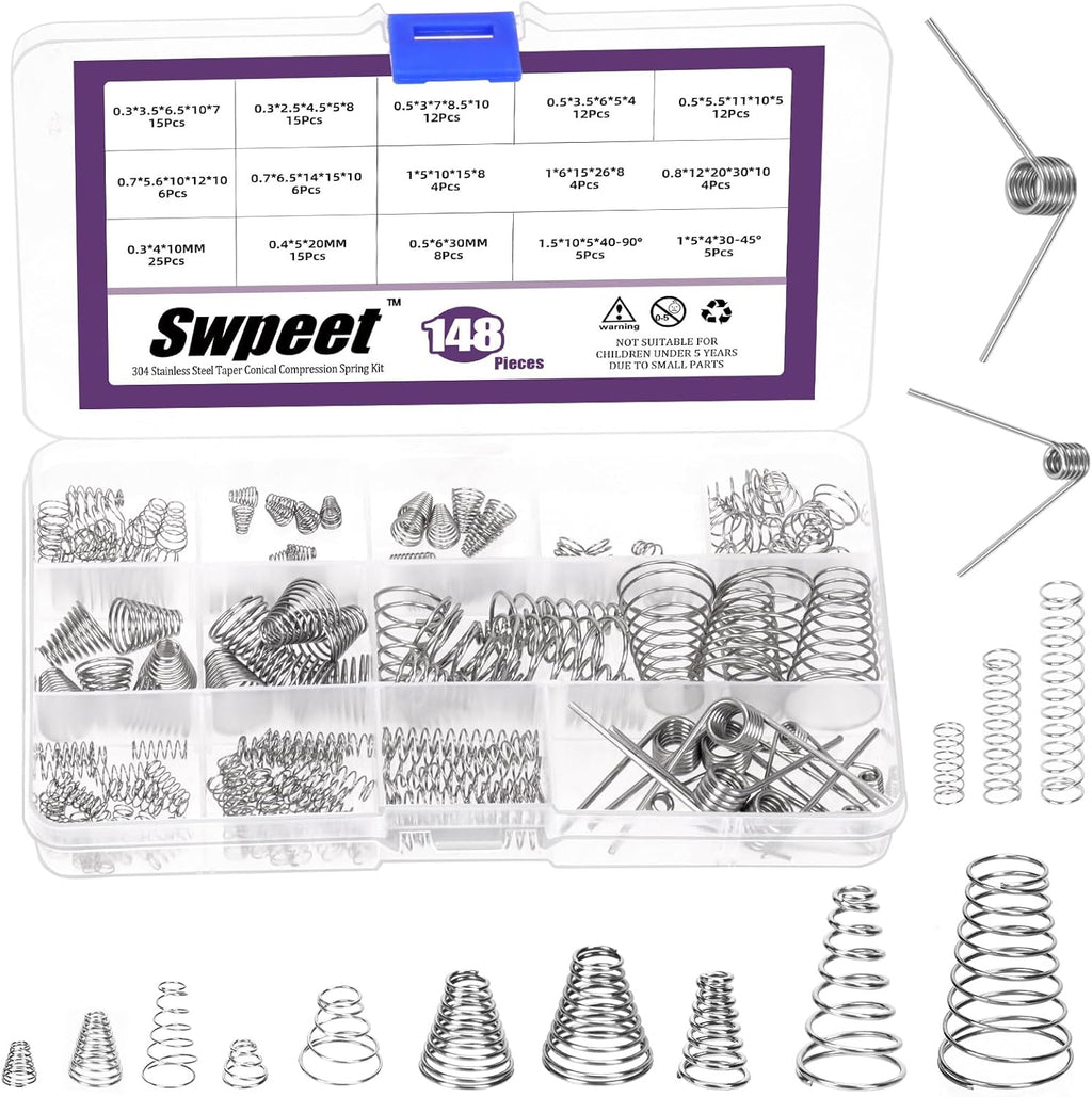 148Pcs 3 Styles Stainless Steel Compression Springs Assortment Kit, 0.3/0,5/0.7/0.8/1 mm Conical Spring Compressed