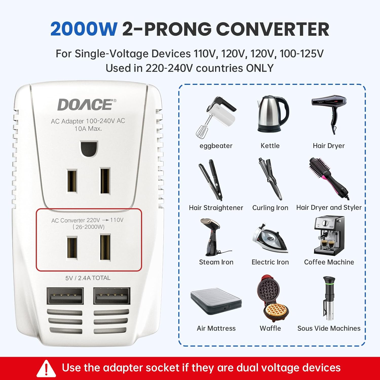 Upgraded 2000W 220V to 110V Converter for European Travel, Voltage Converter US to Europe for Hair Dryer Straightener