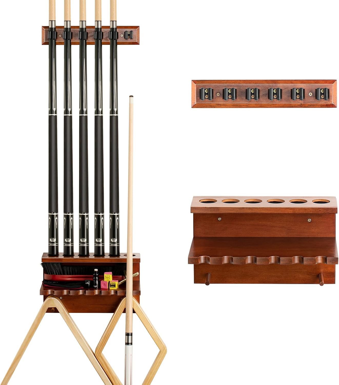 Wall Mount Pool Stick Holder - Billiards Pool Cue Rack Hardwood Pool Cue Set Holder for 6 Cues Sticks Storage Pool