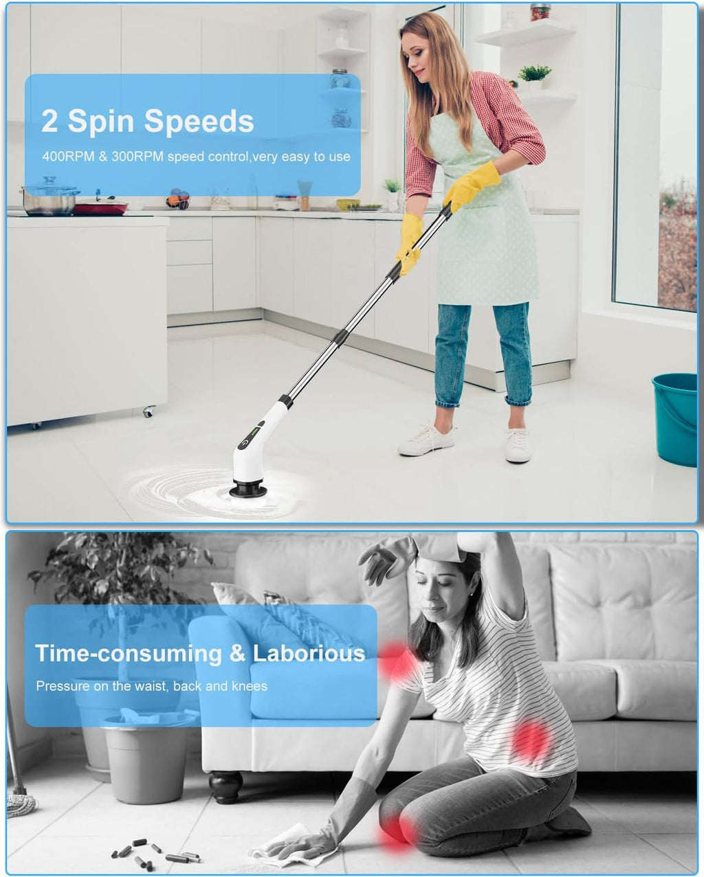 Electric Spin Scrubber, Cordless Cleaning Brush with 8 Replaceable Brush Heads, Tub and Floor Tile 360 Power Scrubber