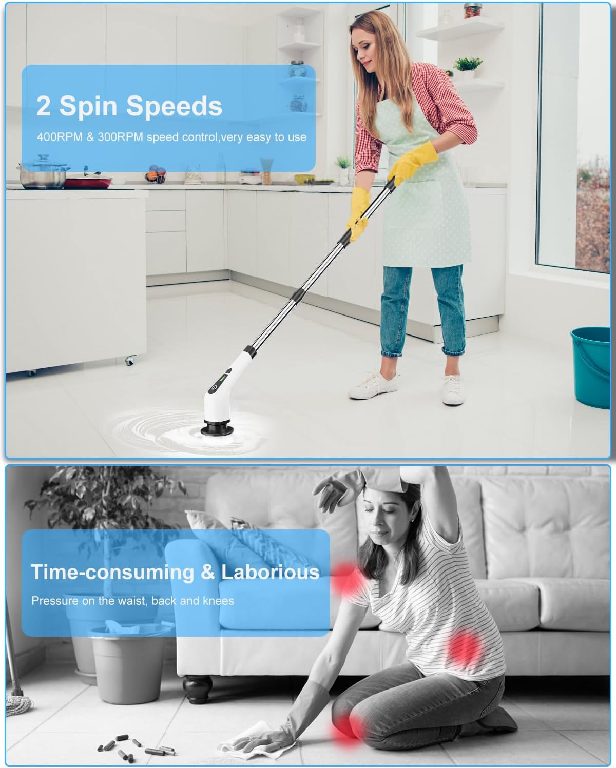 Electric Spin Scrubber, Cordless Cleaning Brush with 8 Replaceable Brush Heads, Tub and Floor Tile 360 Power Scrubber