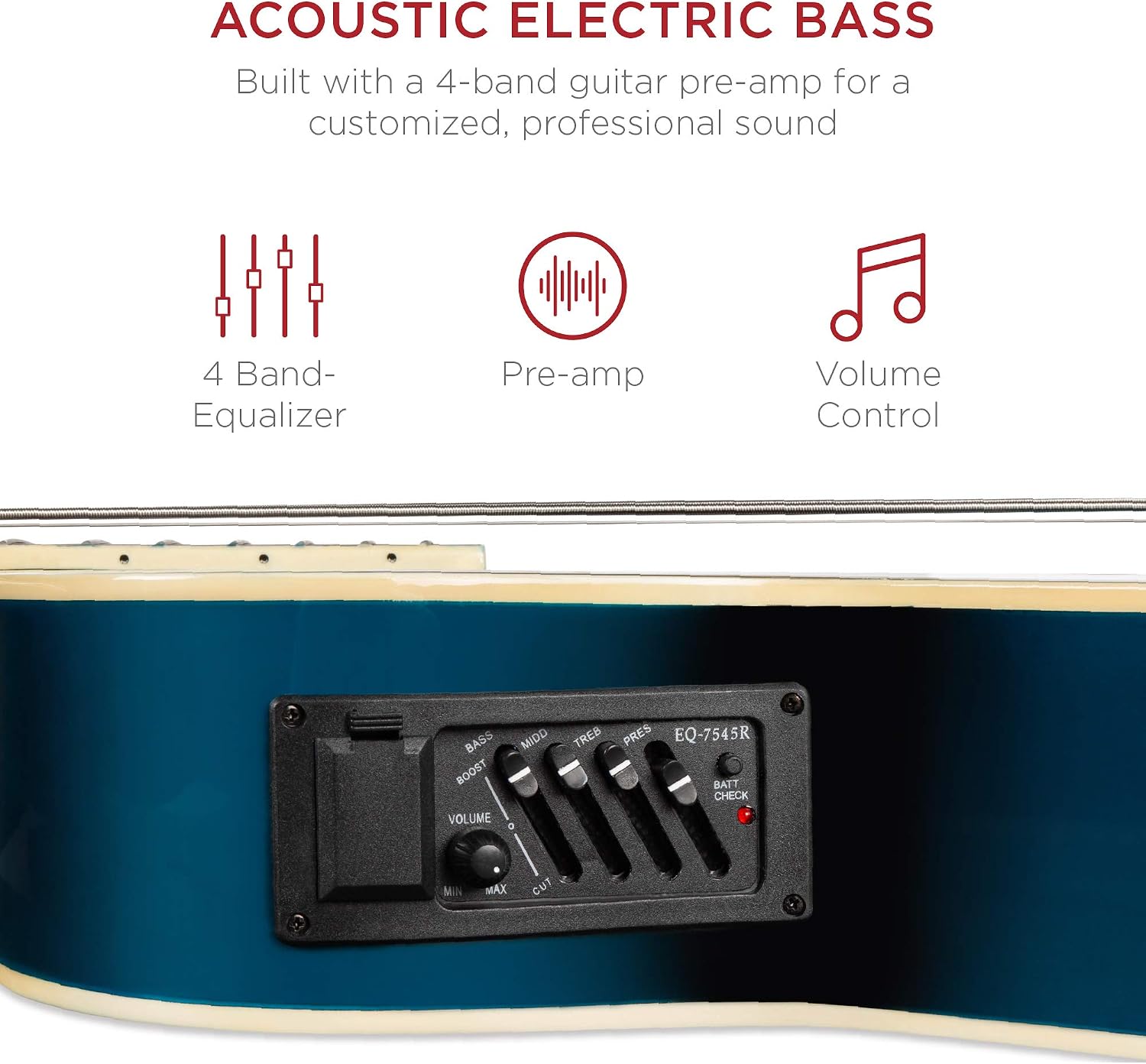 Acoustic Electric Bass Guitar, Full Size 4 String, Fretted Bass Guitar w/Padded Gig Bag - Blue
