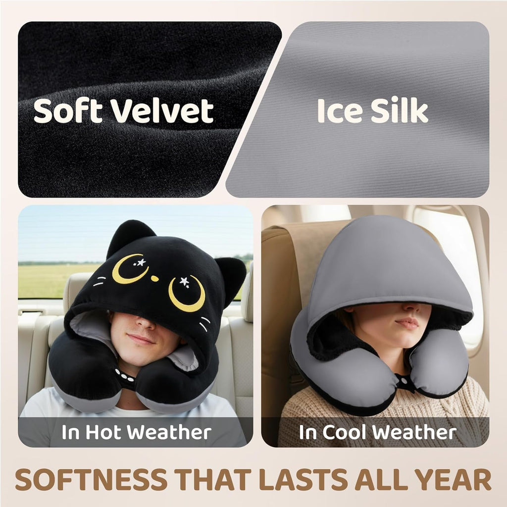Travel Neck Pillow with Hood for Airplanes,Memory Foam,Breathable Ice Silk & Soft Velvet,Double-Sided,Removable to