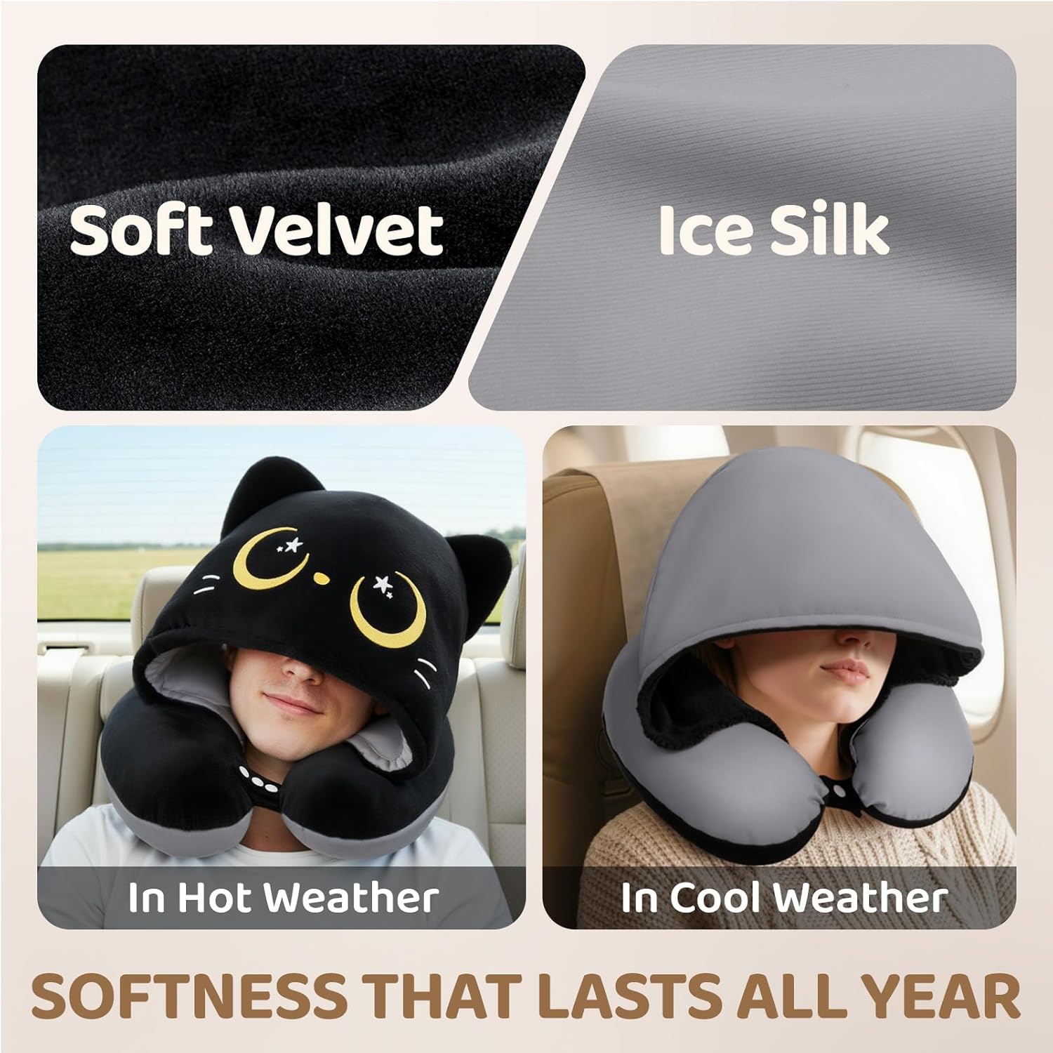 Travel Neck Pillow with Hood for Airplanes,Memory Foam,Breathable Ice Silk & Soft Velvet,Double-Sided,Removable to