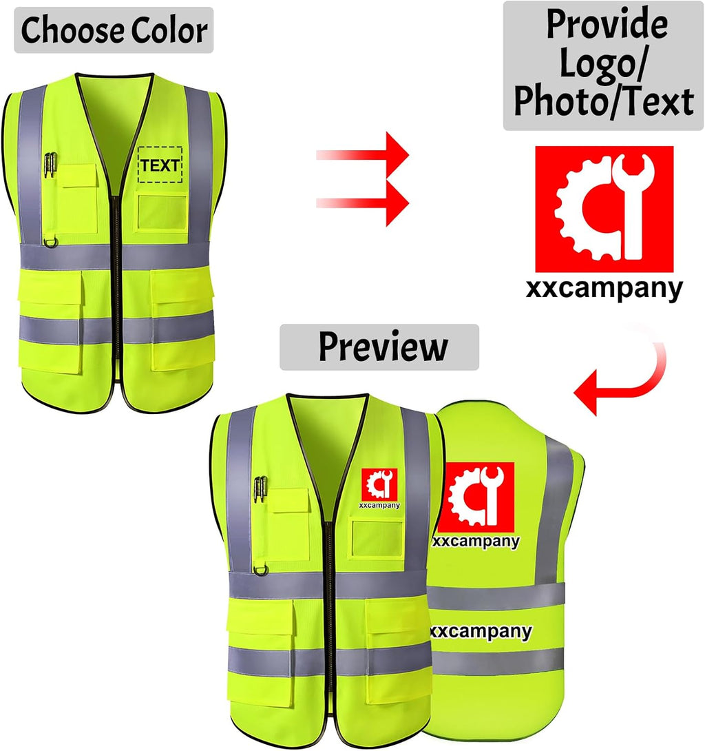 Custom Safety Vest High Visibility Reflective Vests with Pockets Zipper Customize Logo Class 2 for Men Construction