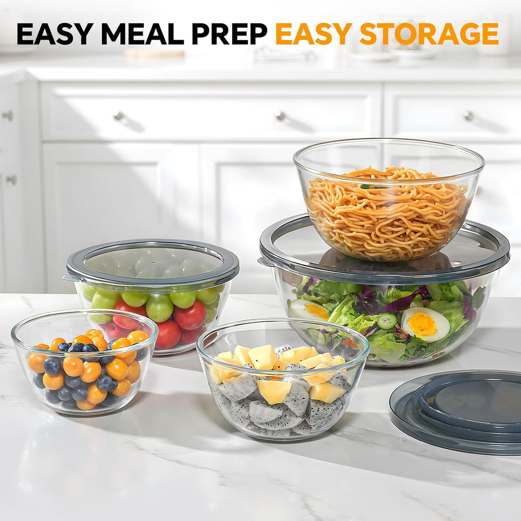 Glass Mixing Bowls with Lids Set of 5(4.78QT,2.2QT,1.7QT,1.1QT,0.85QT),Thick Glass Nesting Bowls for Kitchen
